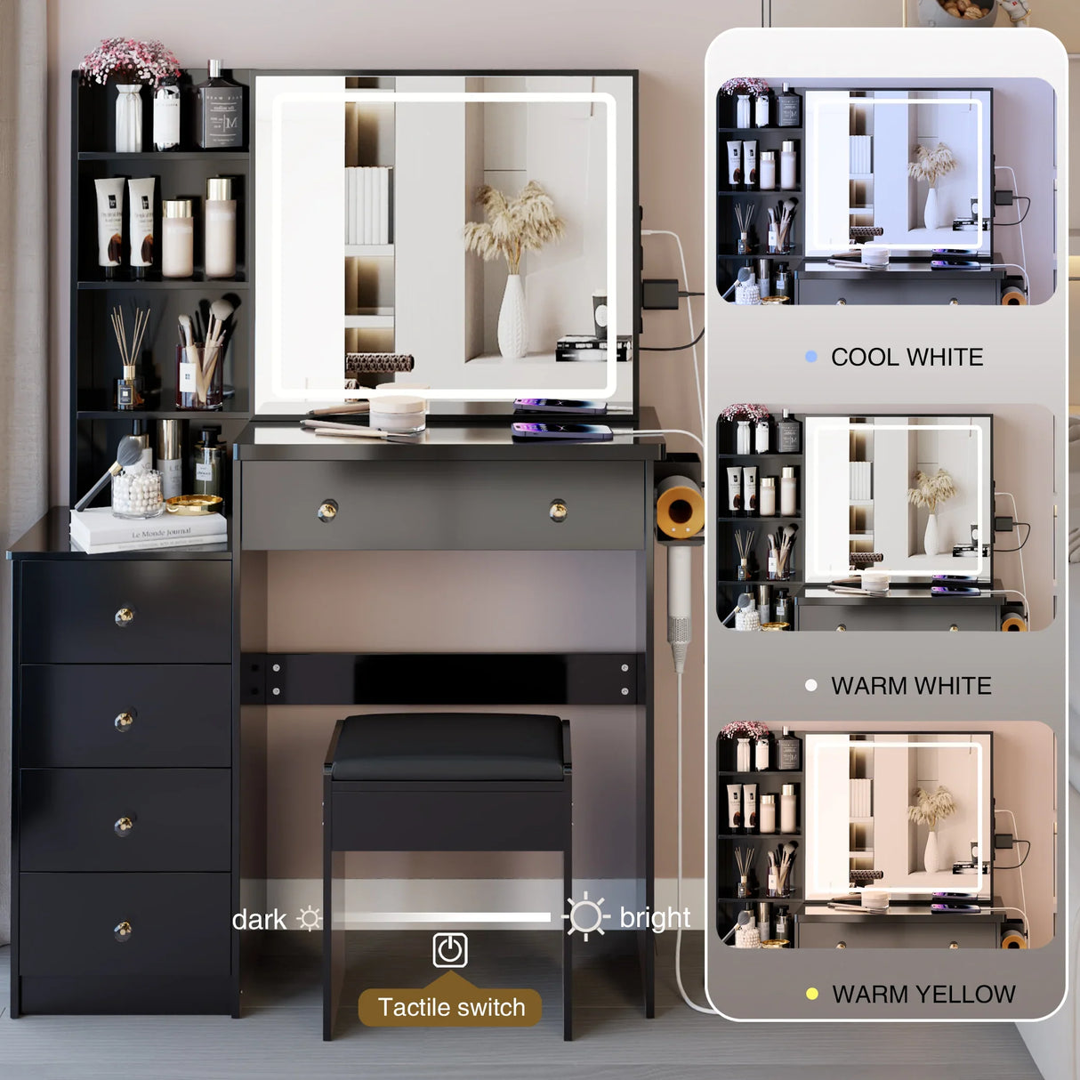 Vanity Table with Cushioned Stool Modern Finish Black - Furniture Home Direct