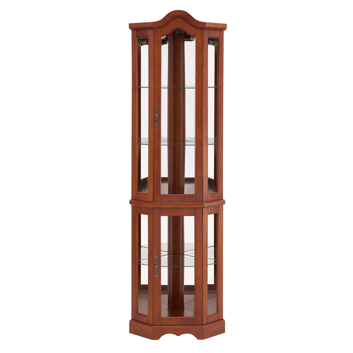 Corner Curio Cabinet With Lights, Adjustable Tempered Glass Shelves, Mirrored Back, Display Cabinet (E26 Light Bulb Not Included) - Walnut - Furniture Home Direct