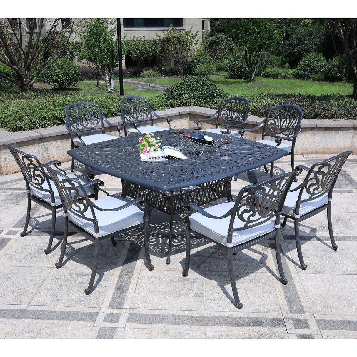 Square 8 Person 64" Long Aluminum Dining Set With Cushions - Furniture Home Direct