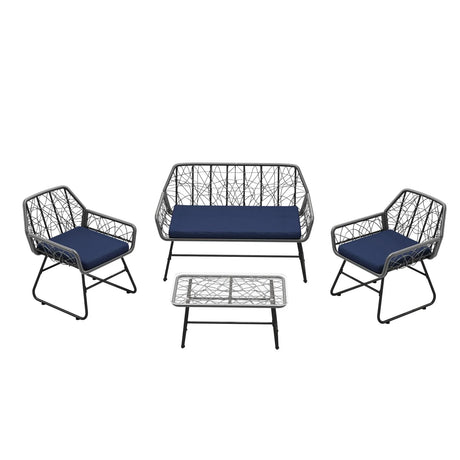 4 Piece Wicker Patio Furniture Set With Tempered Glass Table And Detachable Cushions - Furniture Home Direct