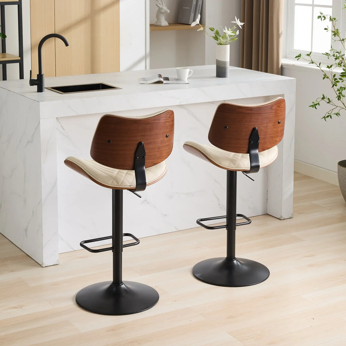 Counter Height Stool Adjustable PU Leather Swivel Beige - Furniture Home Direct