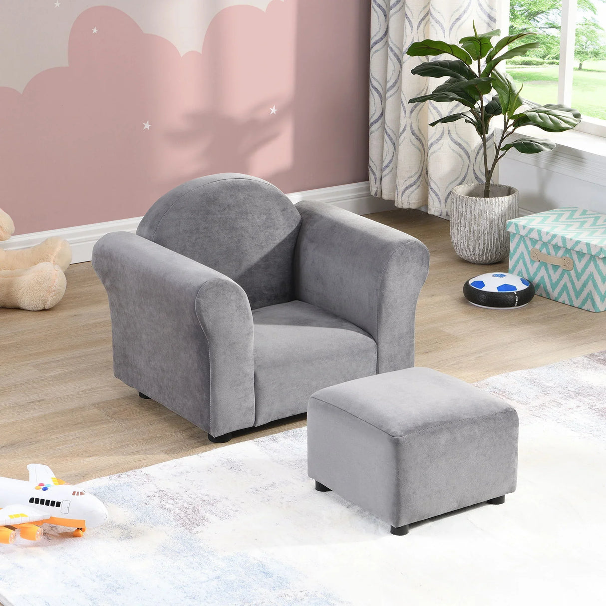 Kids Velvet Upholstered Chair With Ottoman For Comfortable Seating - Gray - Furniture Home Direct