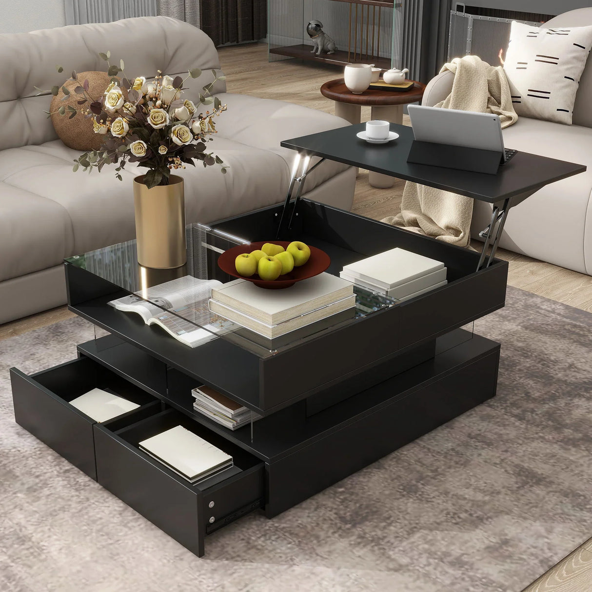 Lift Top Coffee Table With 2 Drawers, Hidden Space And LED Lights For Living Room - Furniture Home Direct
