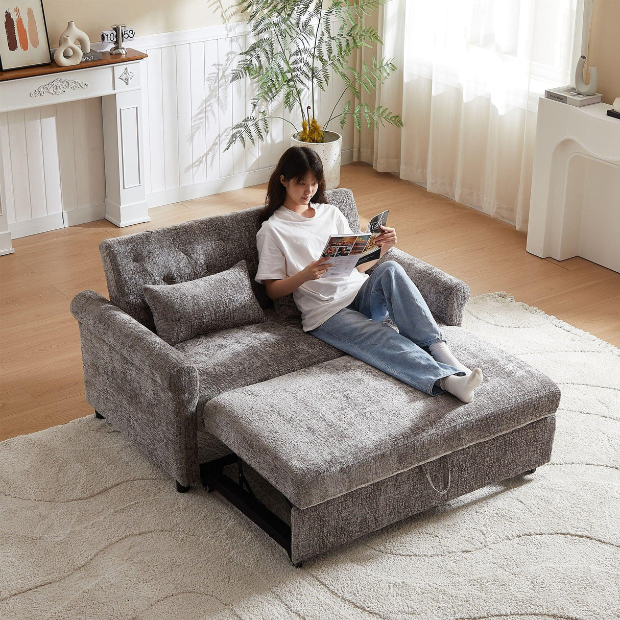 Loveseat Sofa Bed, Pull - Out Couch Sleeper & 2 Pillows - Furniture Home Direct