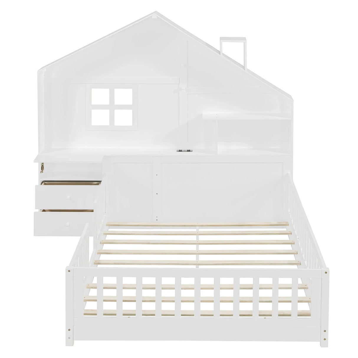 Full Size House Bed With Window And Bedside Drawers, Platform Bed With Shelves And A Set Of Sockets And USB Port - White - Furniture Home Direct
