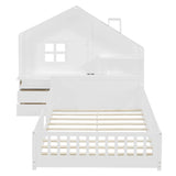 Full Size House Bed With Window And Bedside Drawers, Platform Bed With Shelves And A Set Of Sockets And USB Port - White - Furniture Home Direct