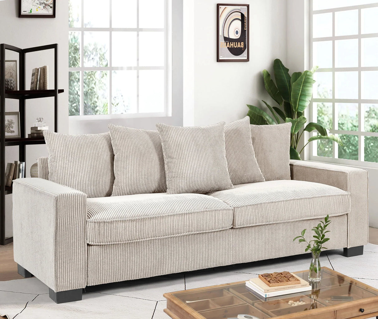 Luxe Corduroy Sofa With 5 Matching Toss Pillows, Sleek Design, Spacious And Comfortable 3 Seater Couch - Furniture Home Direct