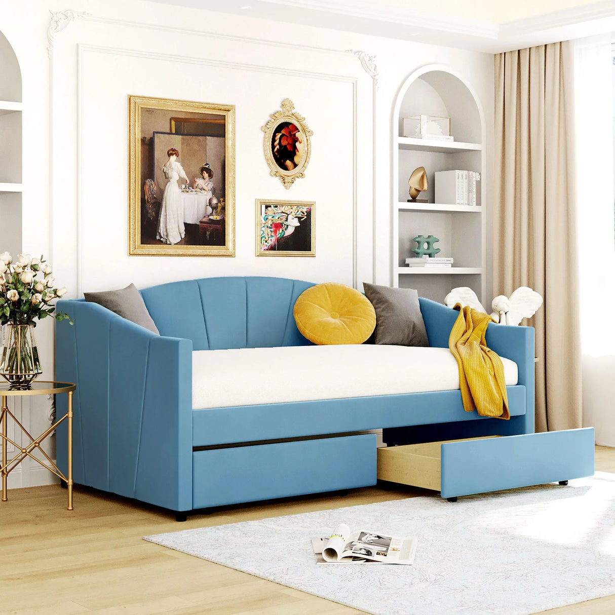 Upholstered Daybed With Two Drawers And Wood Slat - Furniture Home Direct