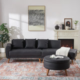 107 Inch Black Sectional With Round Storage Ottoman - Furniture Home Direct