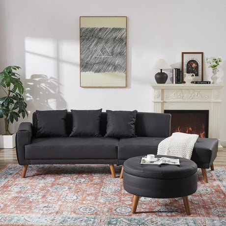 107 Inch Black Sectional With Round Storage Ottoman - Furniture Home Direct