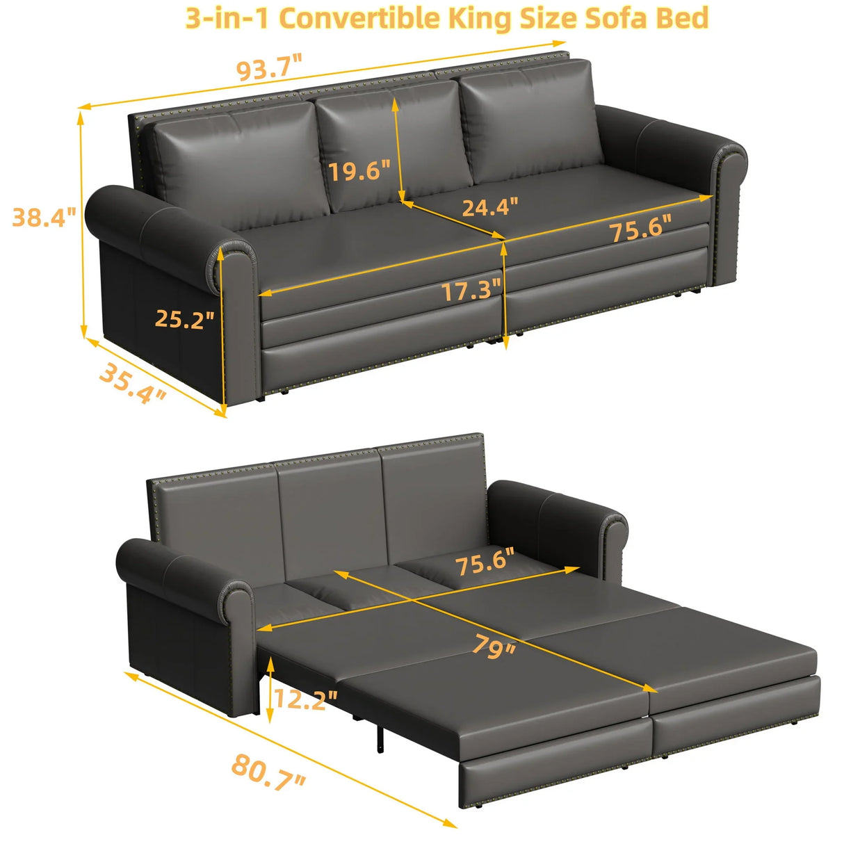 3 In 1 Convertible Sleeper Sofa With Nailhead Trim & Rolled Arm - Furniture Home Direct