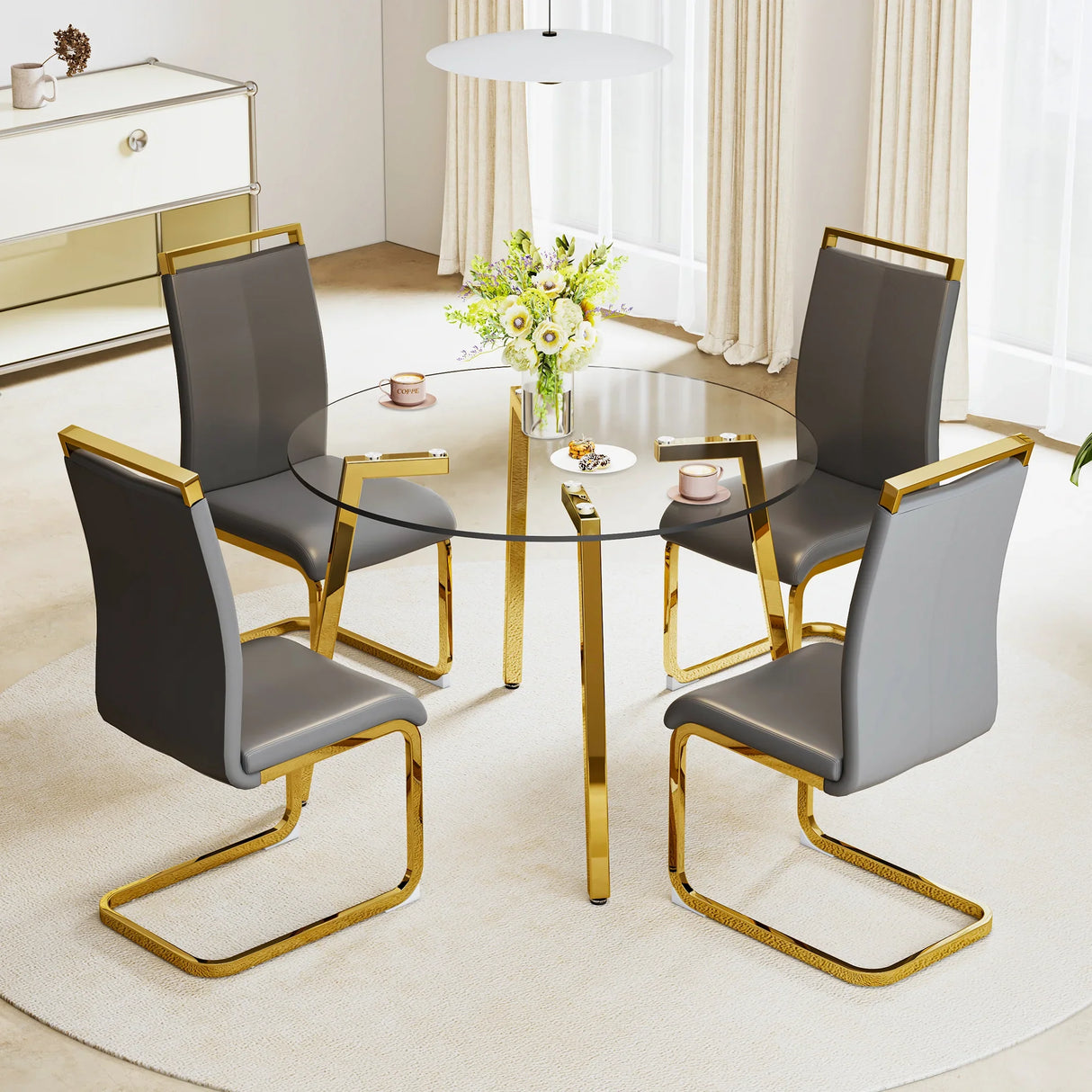 Dining Table Round Glass Top With Gold Legs Transparent - Furniture Home Direct