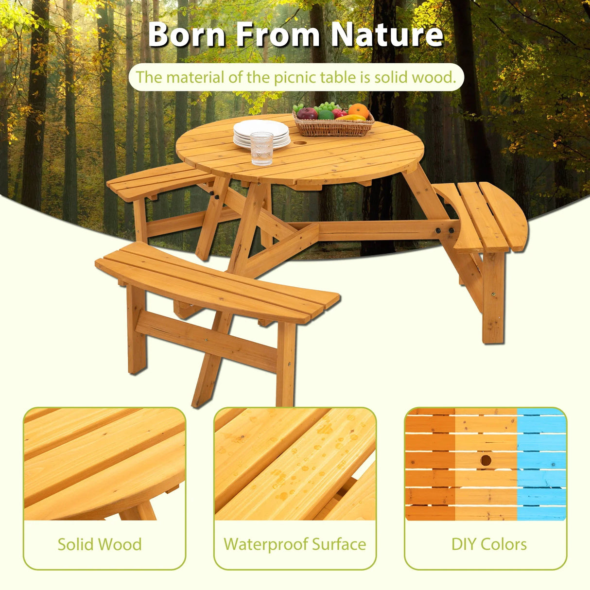 6 Person Circular Outdoor Wooden Picnic Table For Patio, Backyard, Garden, Diy With 3 Built-In Benches, 1720Lb Capacity - Furniture Home Direct