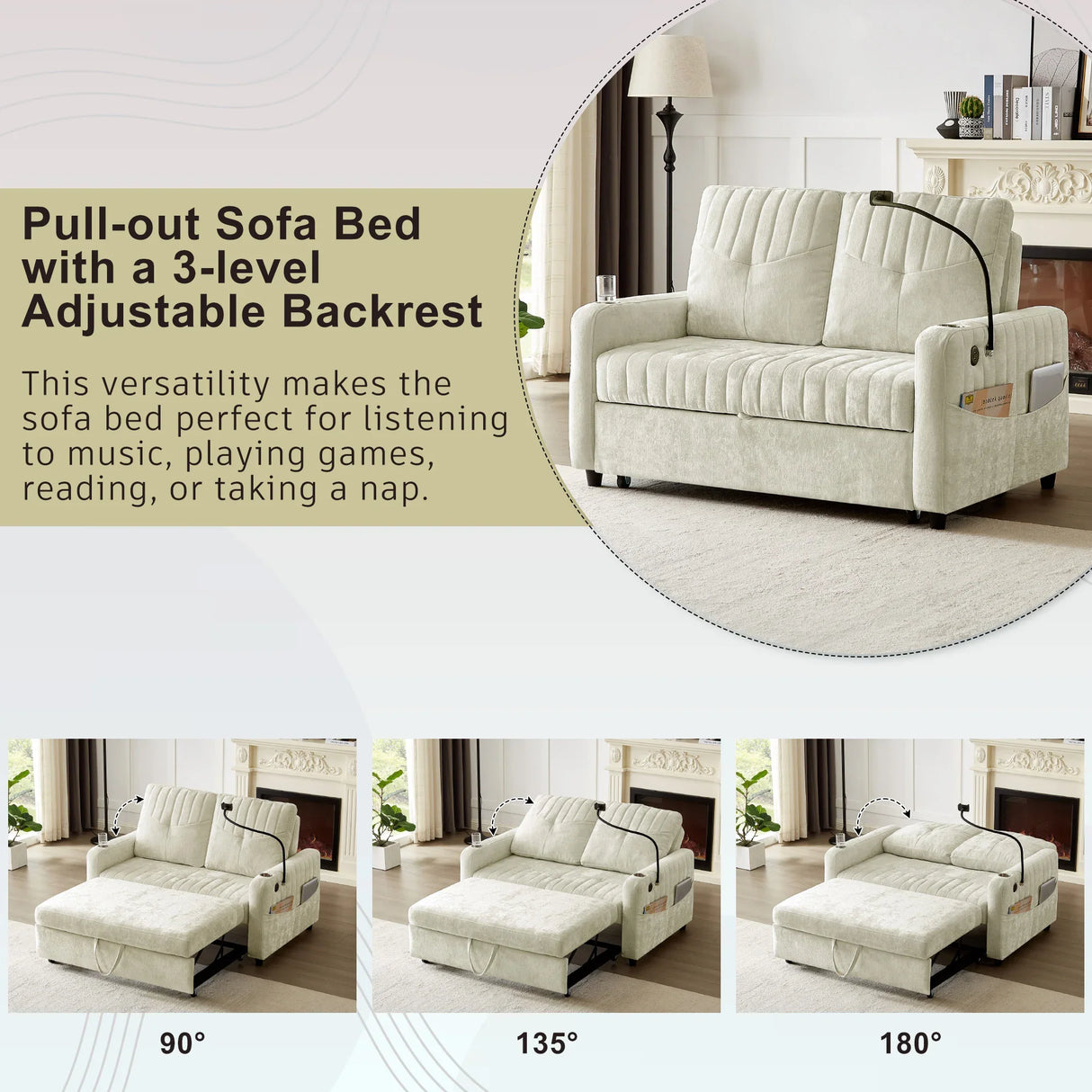 Sleeper Sofa With Adjustable Backrest, Two Cup Holders, Phone Holder, Three Charging Ports And Side Storage Pockets- Beige - Furniture Home Direct