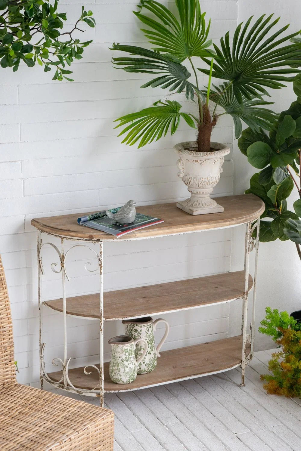 3 Tiered Wooden Shelving Unit With Ornate Iron Frame - Multicolor - Furniture Home Direct