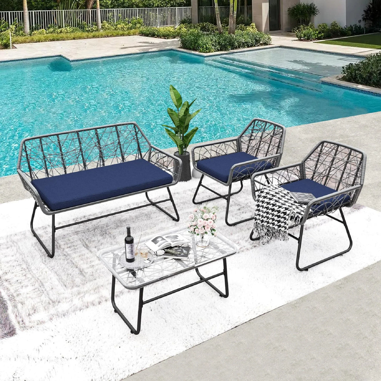 4 Piece Wicker Patio Furniture Set With Tempered Glass Table And Detachable Cushions - Furniture Home Direct