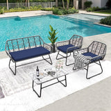 4 Piece Wicker Patio Furniture Set With Tempered Glass Table And Detachable Cushions - Furniture Home Direct