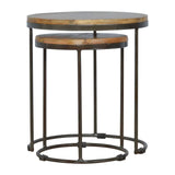 Round Stool Table With Iron Base (Set of 2) - Brown / Black - Furniture Home Direct