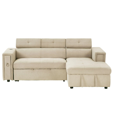 Multi-Functional Pull-Out Sofa Bed L-Shape Sectional Sofa With Adjustable Headrest, Wireless Charging, Cup Holders And Hidden Storage For Living Room - Furniture Home Direct