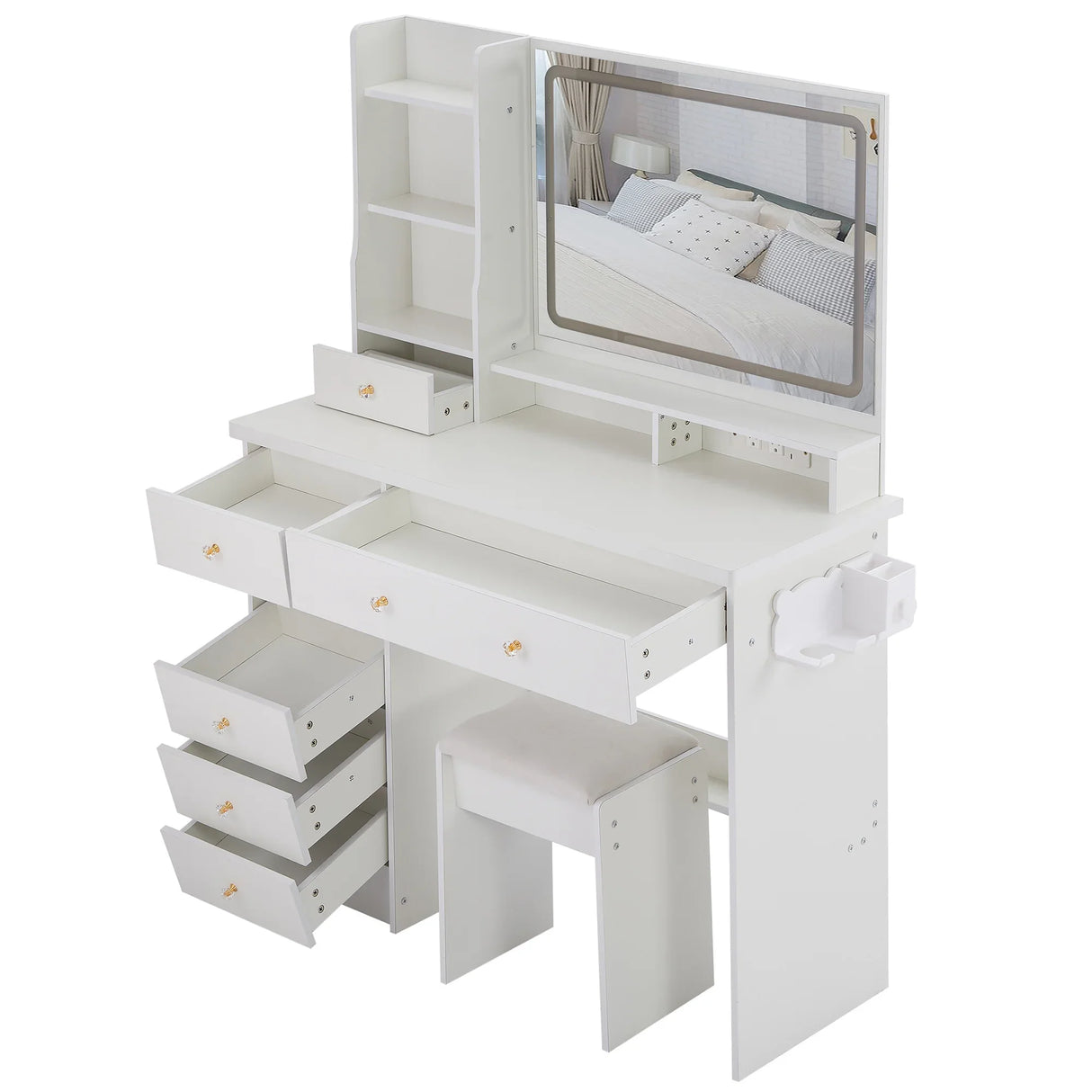 Vanity Desk Set With Cushioned Stool And Large Mirror White - Furniture Home Direct