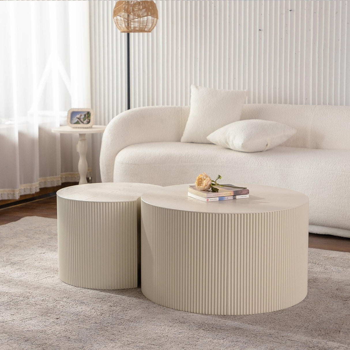 Round Accent Tables Set Modern Ribbed Pair Beige Cream - Furniture Home Direct