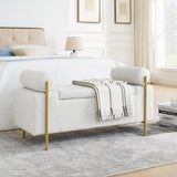 Elegant Upholstered Linen Storage Bench With Cylindrical Arms And Iron Legs, White - Furniture Home Direct