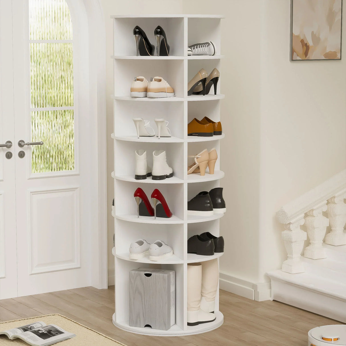 6 Tier Spinning Shoe Rack, Free Standing, 360° Revolving Shoe Organizer - White - Furniture Home Direct