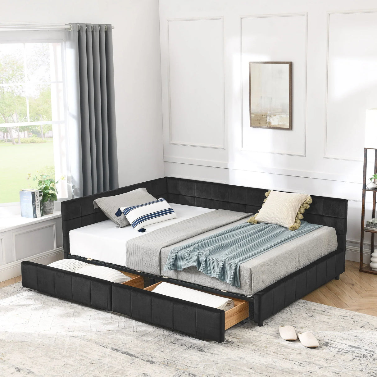 Mid-Century Storage Upholstered Tufted Bed Frame With Backrest And Armrests - Furniture Home Direct