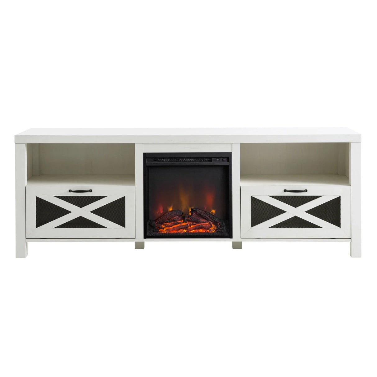 Industrial Farmhouse Metal Mesh Drop Down X Door Fireplace TV Stand - Furniture Home Direct