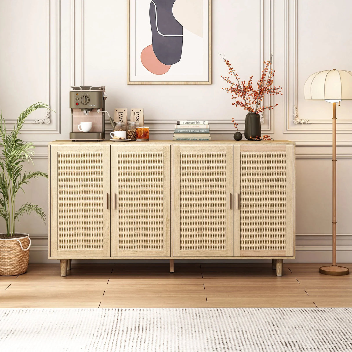Elegant And Functional Rattan Decorative Storage Cabinet With 4 Doors - Furniture Home Direct