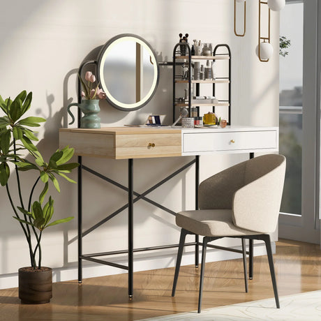Vanity Desk With Lighted Round Mirror and Storage White - Furniture Home Direct