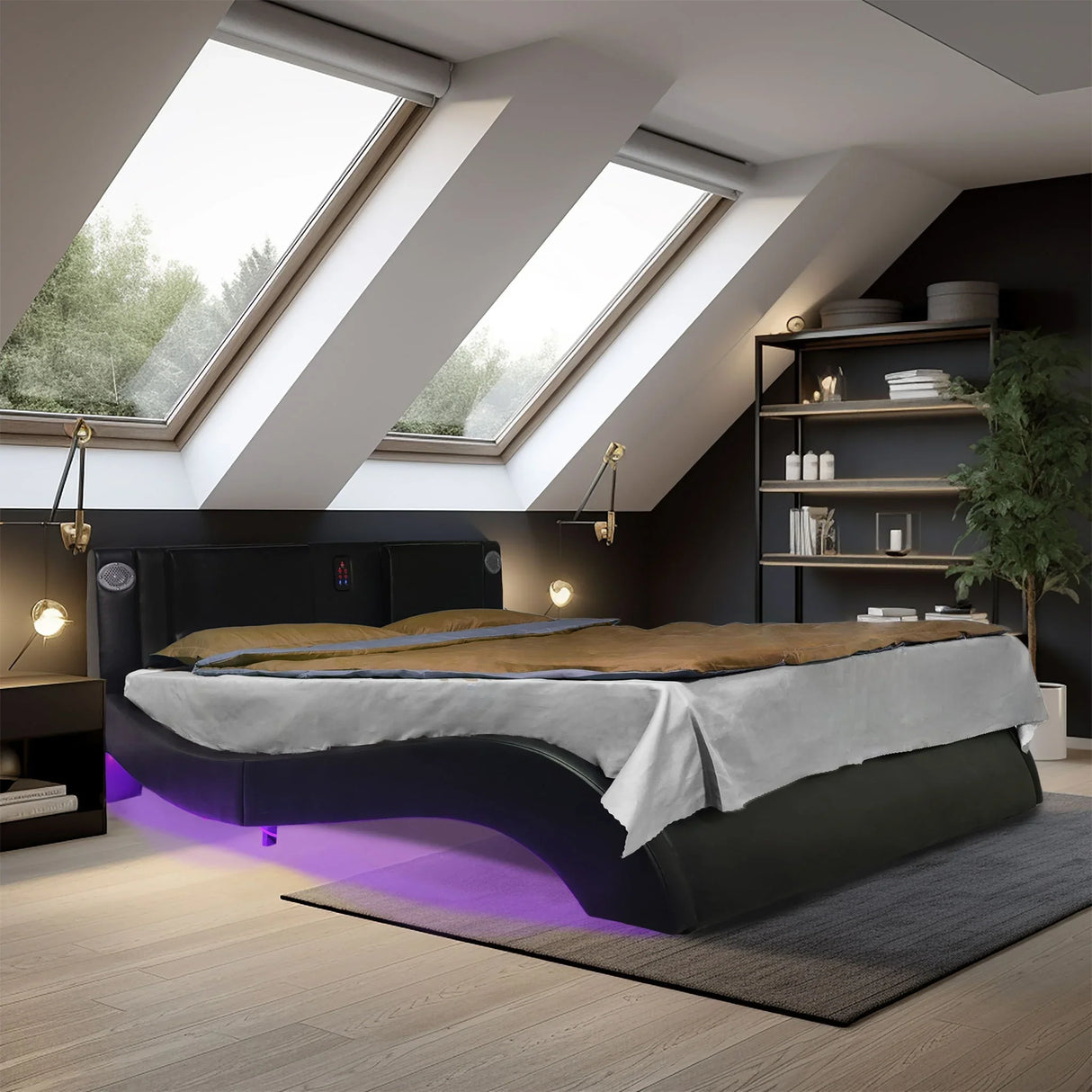 Queen Size Upholstered Platform Bed Frame With LED Lighting, Bluetooth Connection To Play Music Control, Backrest Vibration Massage, Curve Design, Wood Slat Support, Exhibited Speakers - Black - Furniture Home Direct