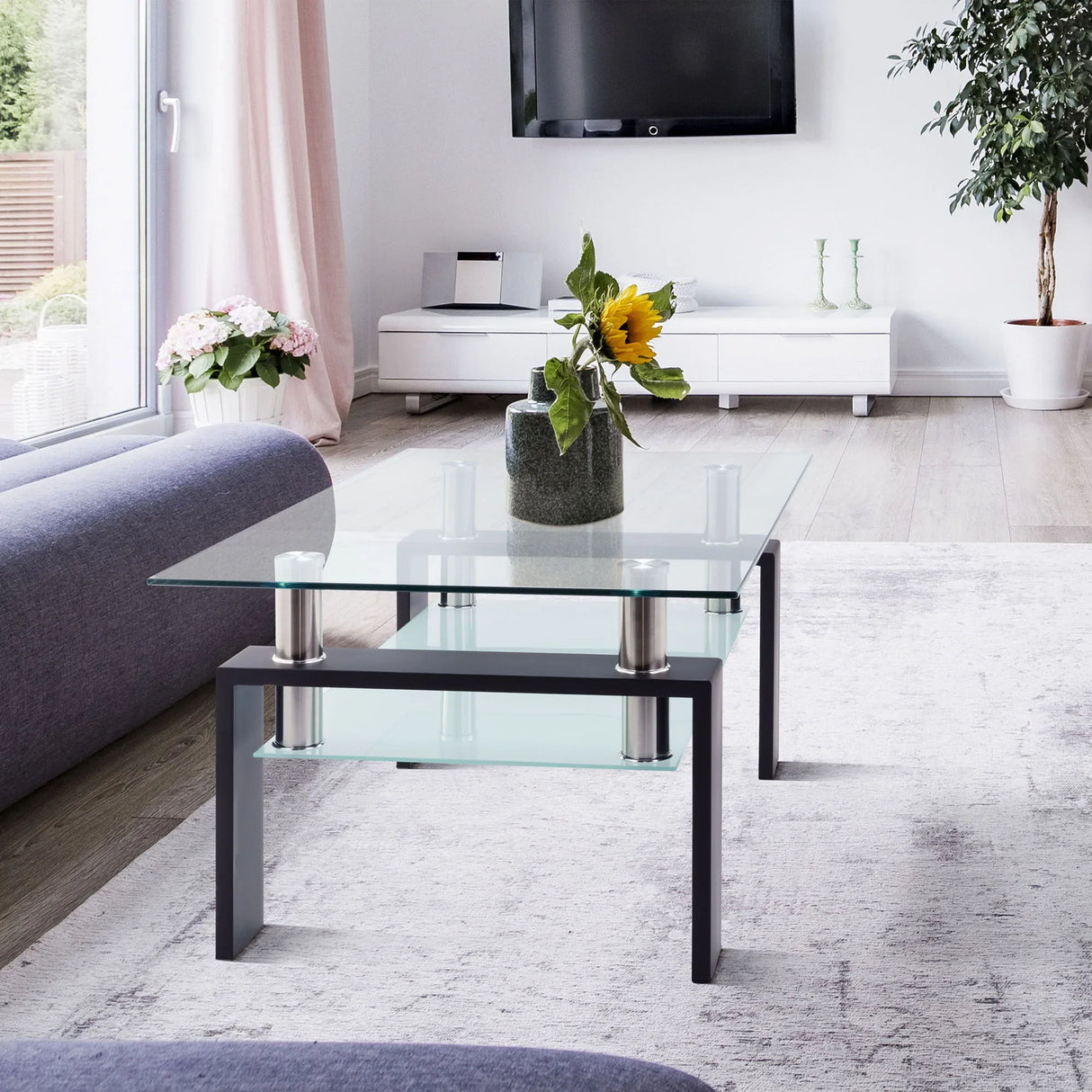 Modern Rectangular Coffee Table With Tempered Glass Top - Furniture Home Direct