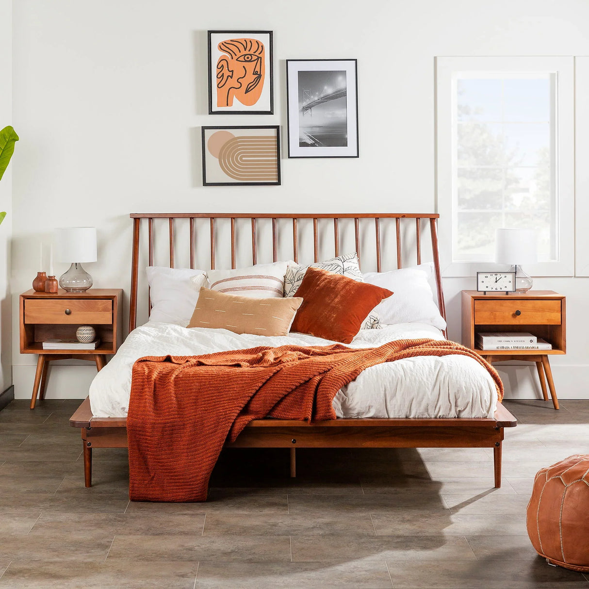 Mid-Century Modern Solid Wood Platform Bed Frame With Spindle Headboard - Furniture Home Direct