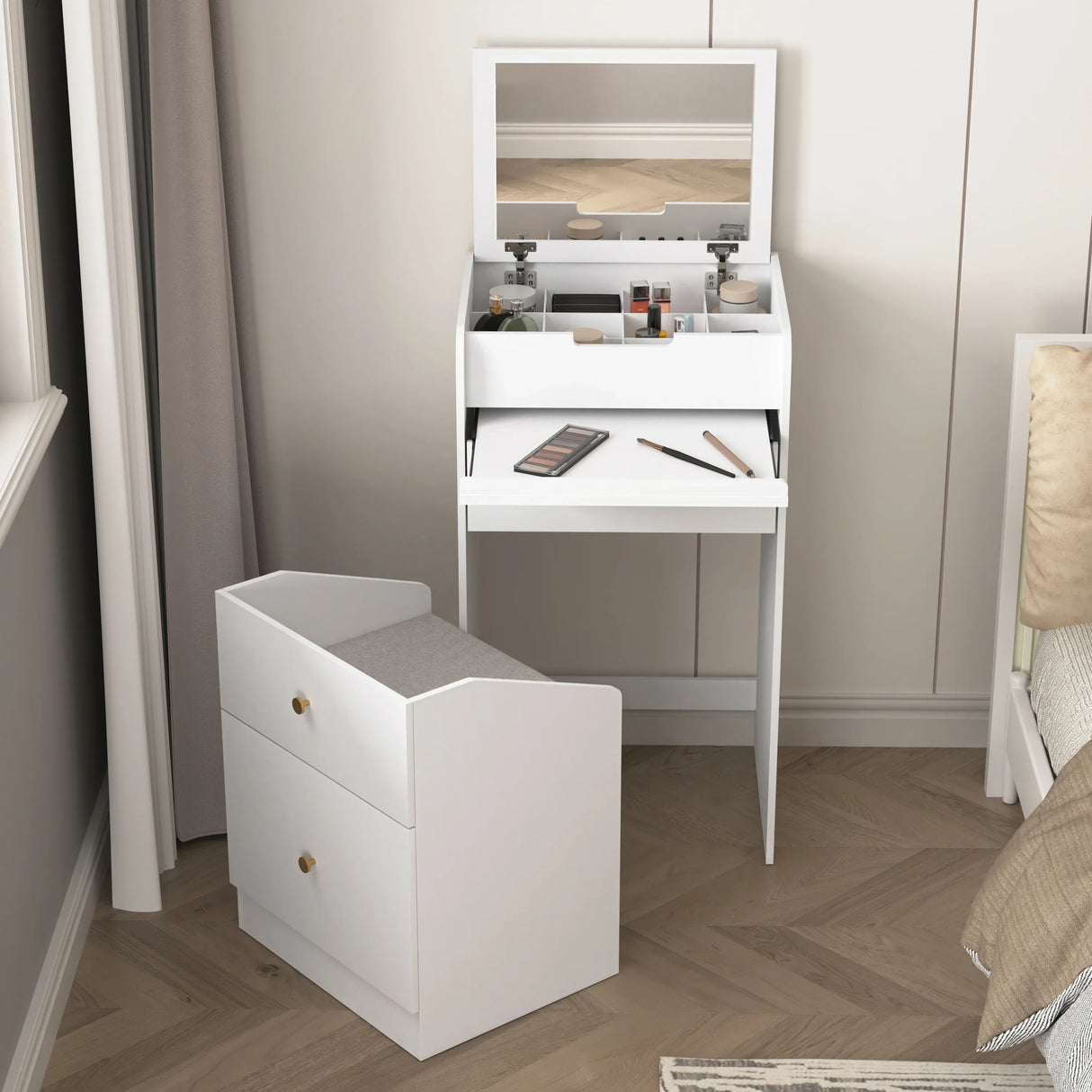 Vanity Desk With Mirror Small Compact Modern Style White - Furniture Home Direct