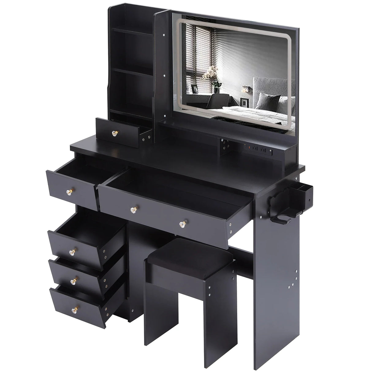 Vanity Desk With Cushioned Stool And Mirror Set Black - Furniture Home Direct