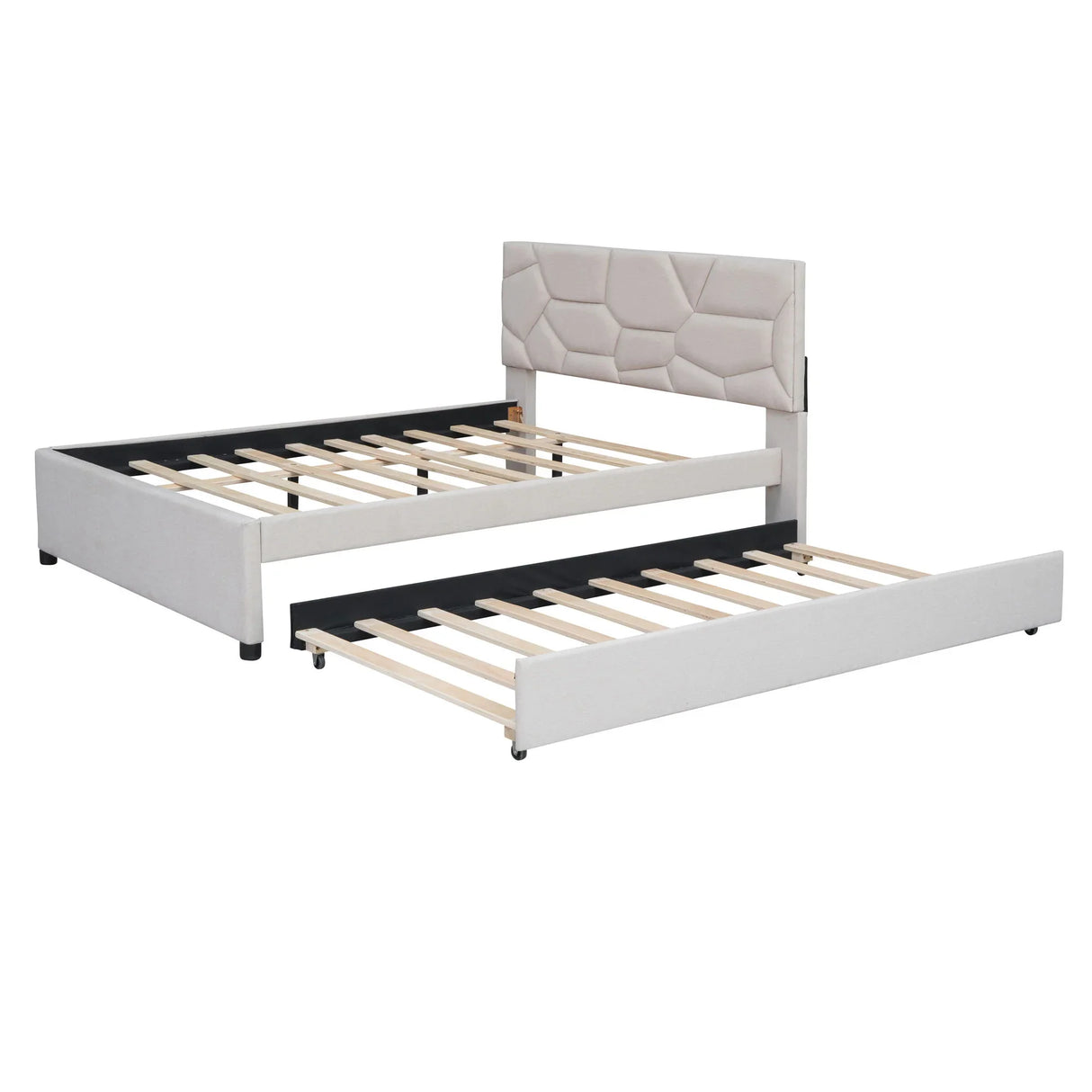 Upholstered Platform Bed With Brick Pattern Headboard And Twin Long Size Trundle - Furniture Home Direct