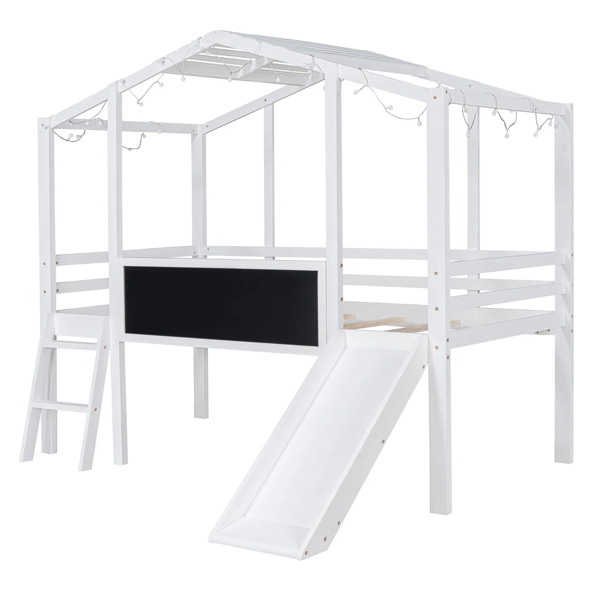 Loft House Bed With Ladder And Slide, With Blackboard And Light Strip On The Roof - Furniture Home Direct