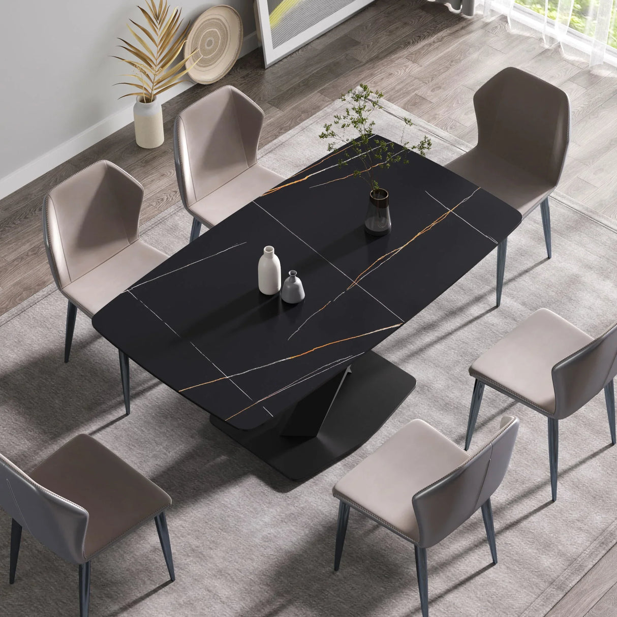63" Artificial Stone Black Curved Black Metal Leg Dining Table - Black - Furniture Home Direct