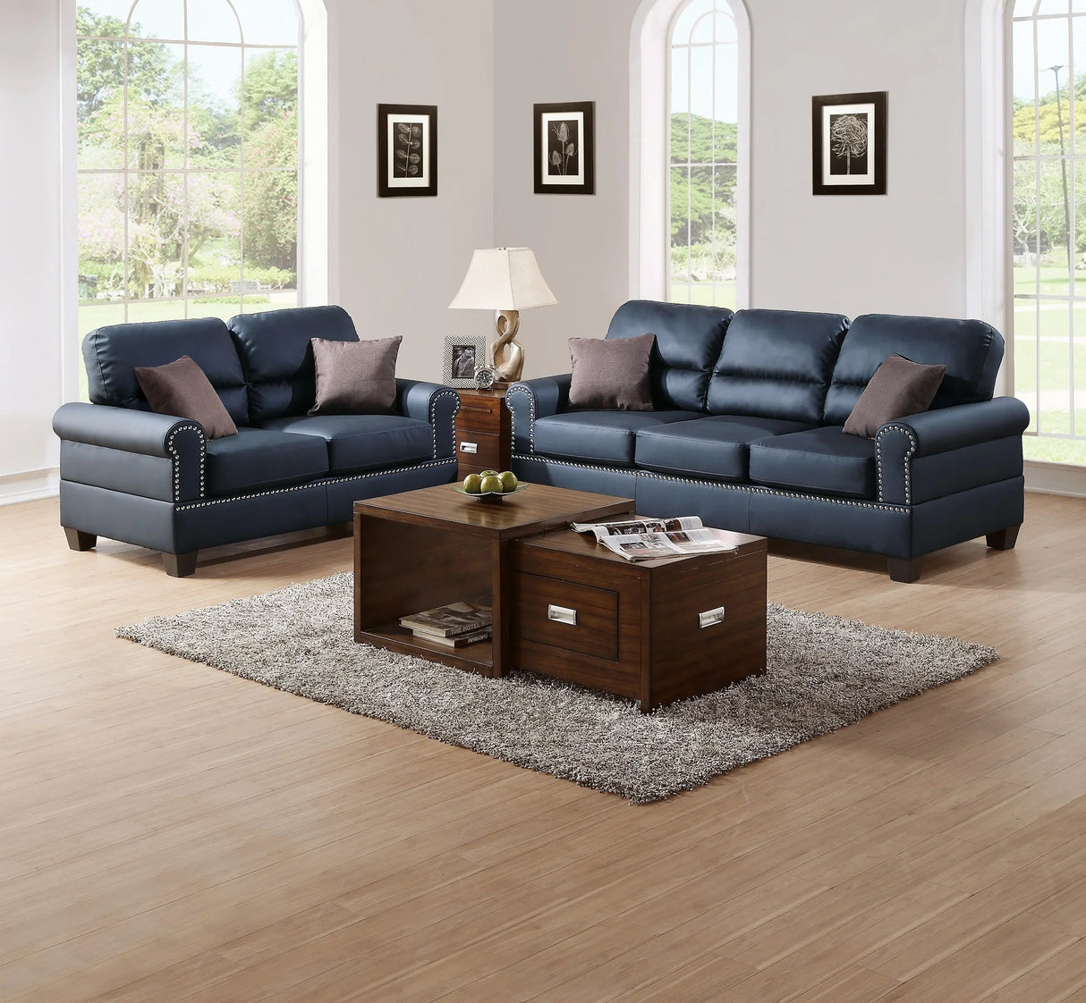 Black Bonded Leather 2 Piece living Room Set (Sofa and Love Seat) - Black - Furniture Home Direct
