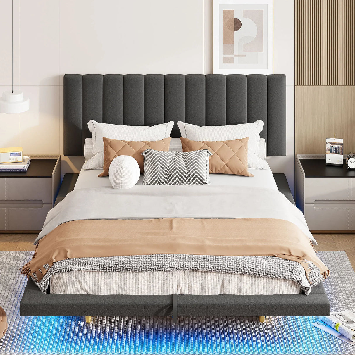 Upholstered Floating Hydrualic Platform Bed With LED Light And USB Port - Furniture Home Direct