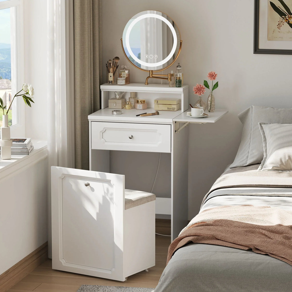 Makeup Vanity Desk With Round Mirror And Lights, 2 In 1 Nightstand, Dressing Table With A Chair - Antique White - Furniture Home Direct