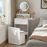 Makeup Vanity Desk With Round Mirror And Lights, 2 In 1 Nightstand, Dressing Table With A Chair - Antique White - Furniture Home Direct