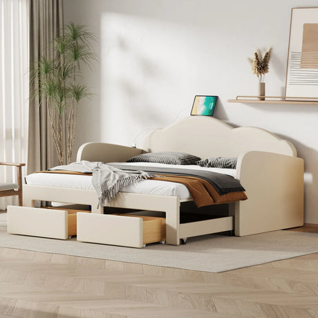 Upholstered Daybed With Cloud-Shaped Backrest, Trundle & 2 Drawers And USB Ports - Furniture Home Direct