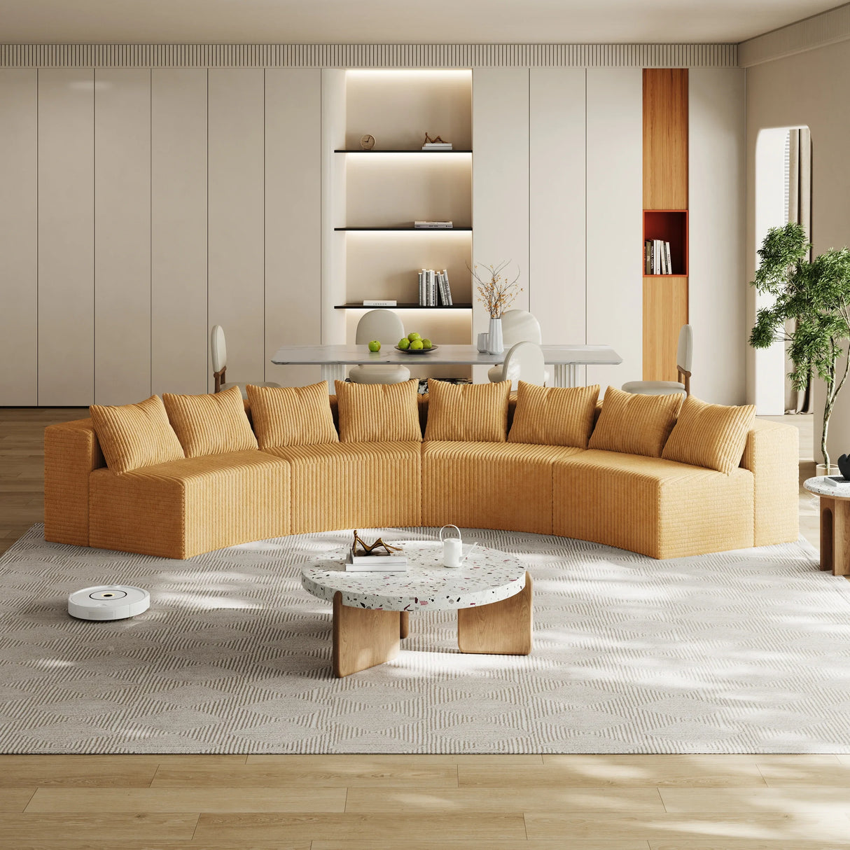Corduroy curved Modular sectional with 8 pillows - Yellow - Furniture Home Direct