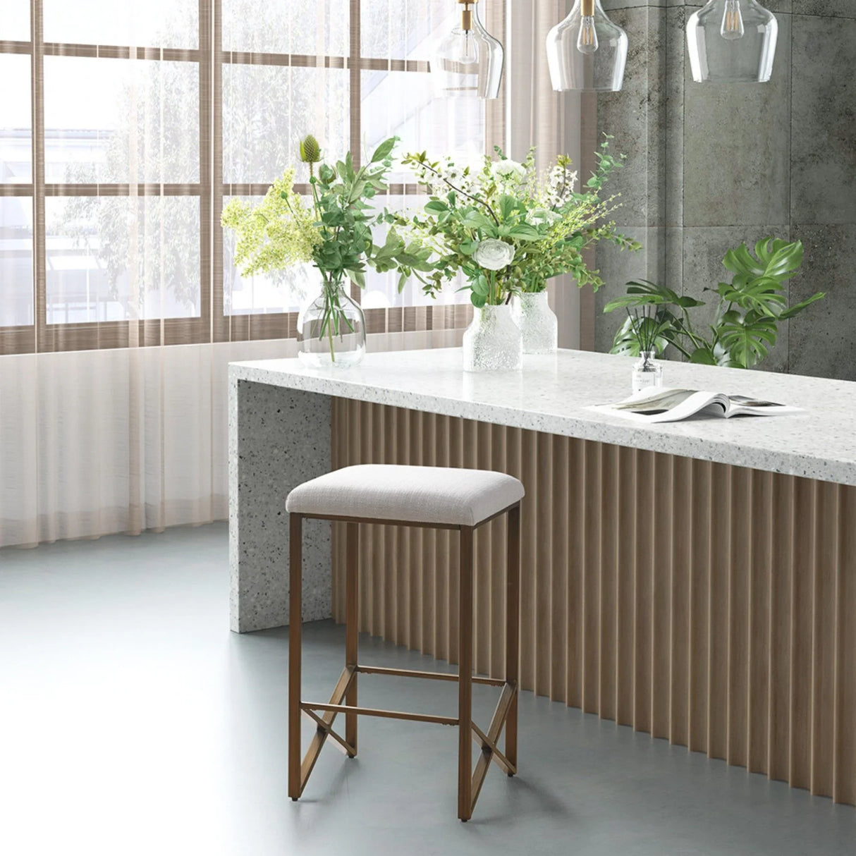 Backless Upholstered Counter Stool With Padded Seat - Ivory / Bronze - Furniture Home Direct
