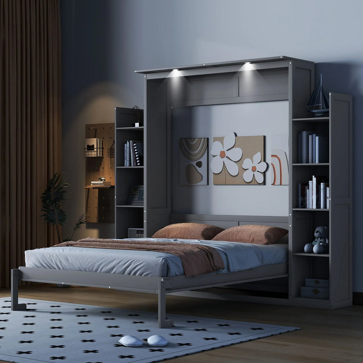 Wall Murphy Bed With Shelves And LED Lights - Furniture Home Direct