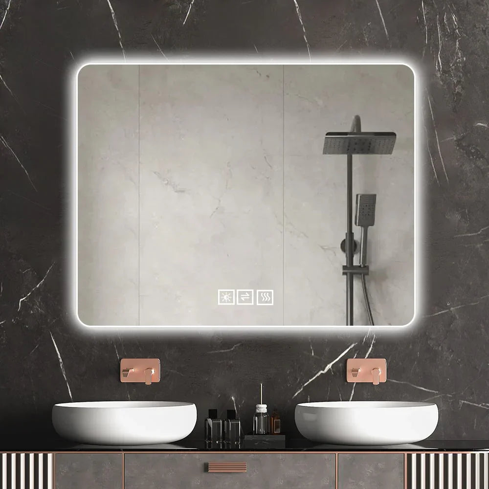 28" Bathroom Mirror With LED Lights Front And Backlit, Anti-Fog Lighted Vanity Mirrors For Wall Mounted And 5 Level Dimmable, Horizontal / Vertical - Clear - Furniture Home Direct