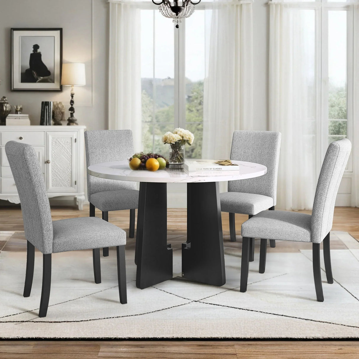5 Piece Round Dining Table Set, Dining Table And 4 Upholstered Chairs For Dining Room, Kitchen Room, Living Room - White / Gray - Furniture Home Direct