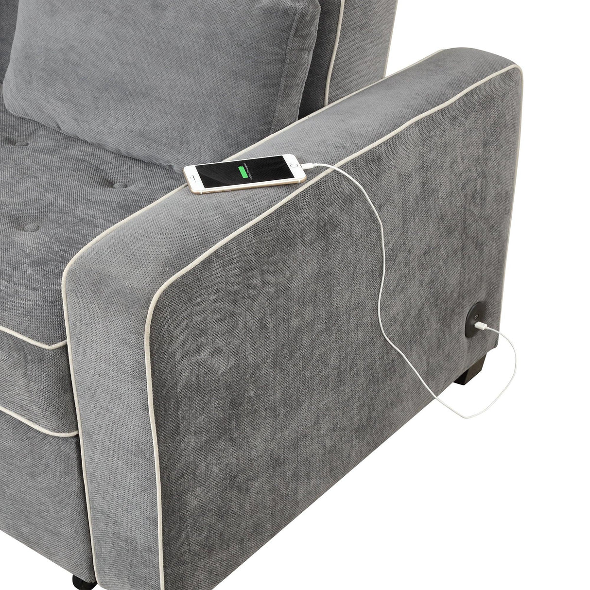 Upholstered Loveseat with Pull Out Sofa, Two Throw Pillows, Dual USB Charging Port And Adjustable Backrest - Gray - Furniture Home Direct